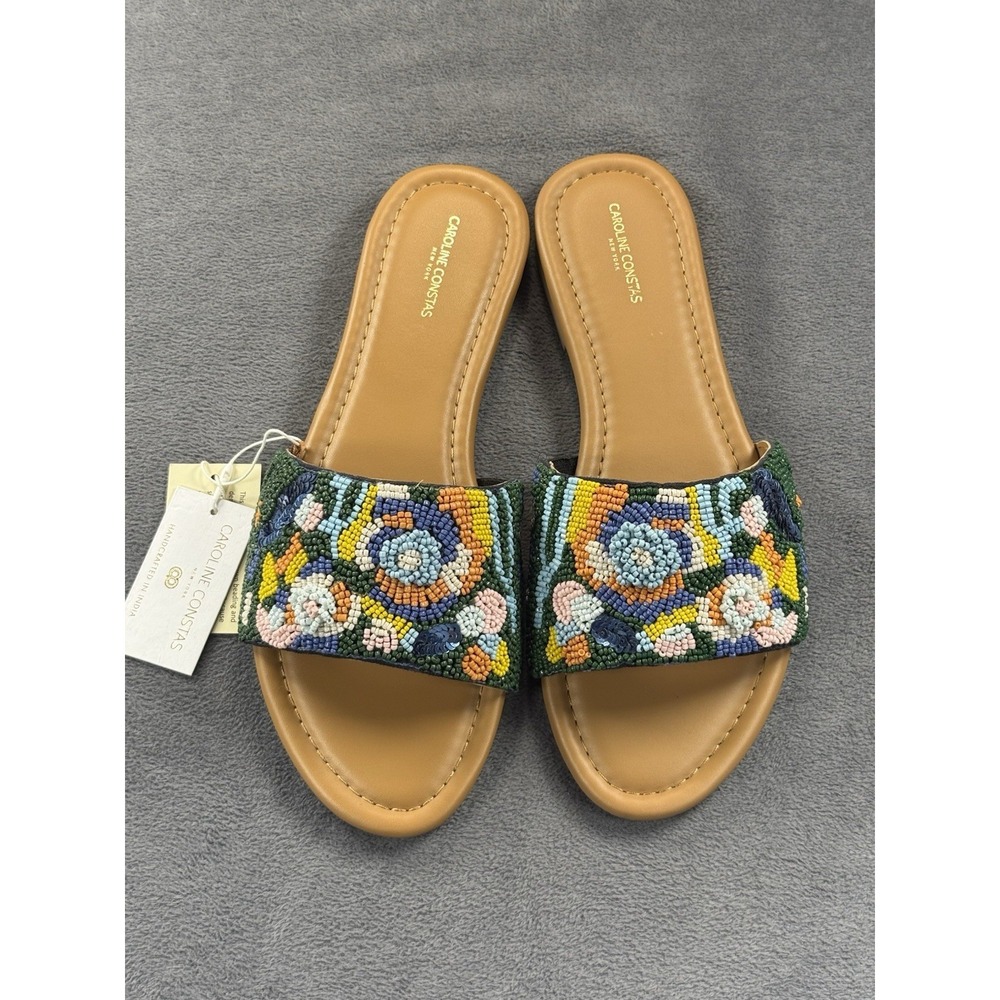 CAROLINE CONSTAS SIZE 10 SLIDE SANDALS HAND-SEWN BEADING INDIA CUSHIONED INSOLE‎